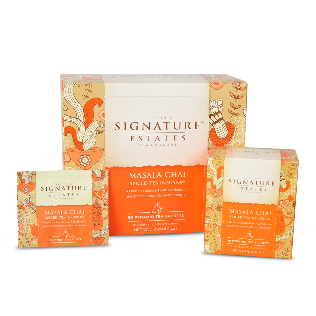 Signature Estates Masala Chai Spiced Tea with Ginger, Cinnamon, Cardamom & Clove – 50 Pyramid Sachets