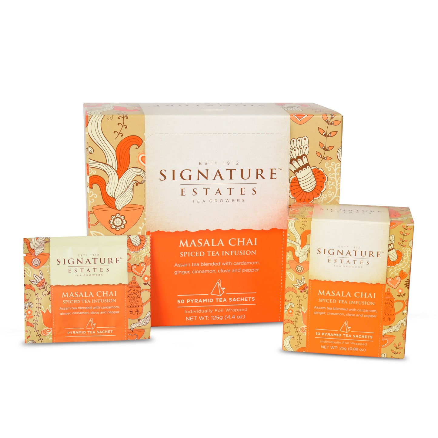 SIGNATURE ESTATES Masala Chai Spiced Tea Infusion | Premium Assam Black Tea Bags | Ginger, Cinnamon, Cardamom, Clove | Pyramid Tea Bags | Assam Masala Chai | 50 Sachets