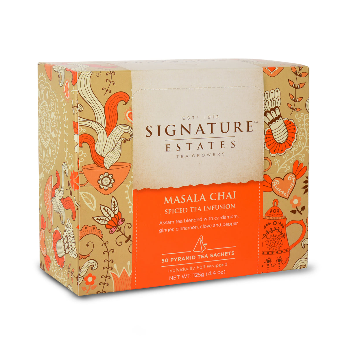Signature Estates Masala Chai Spiced Tea with Ginger, Cinnamon, Cardamom & Clove – 50 Pyramid Sachets