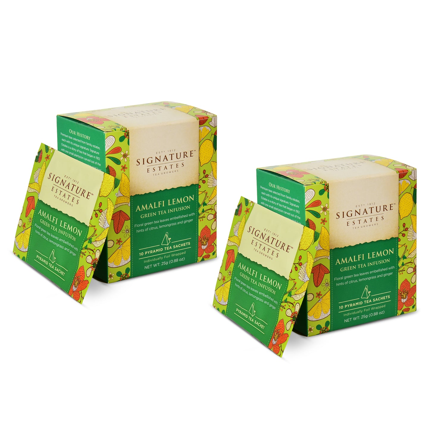 Signature Estates Amalfi Lemon Green Tea Bags | Premium GreenTea | LemonGreen Tea with Lemongrass, Orange Peel & Calendula Petals | Jatinga Highland Tea | AmalfiTea Bags | Premium LemonTea | 20 Pyramid Tea Bags (Pack of 2)