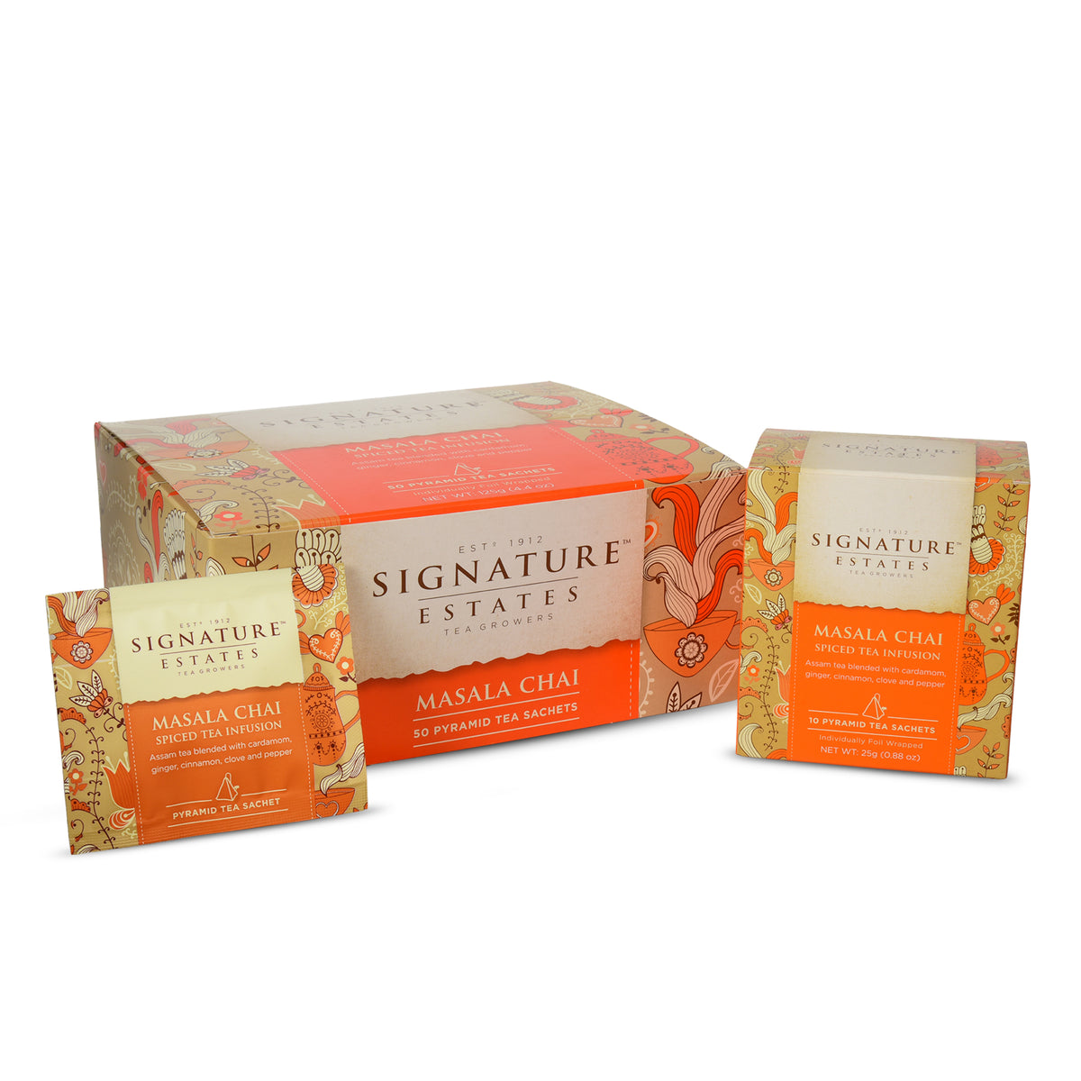 Signature Estates Masala Chai Spiced Tea with Ginger, Cinnamon, Cardamom & Clove – 50 Pyramid Sachets