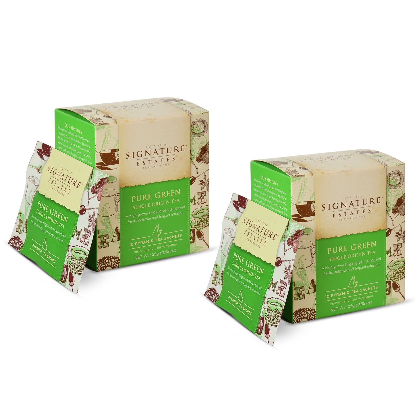 Signature Estates Pure Green Single Origin Tea Bags | Premium Green Tea Pyramids | Single Origin Green Tea Bags | PureGreen Tea | Nilgiri Teas | coordinates tea | 20 Tea Bags (Pack of 2)