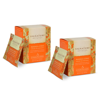 Signature Estates Masala Chai Spiced Tea Infusion | Premium Assam Black Tea | MasalaChai Tea Bags | Spiced Tea with Ginger, Cinnamon, Cardamom & Clove | Assam Masala Chai | 20 Pyramid Tea Bags (Pack of 2)