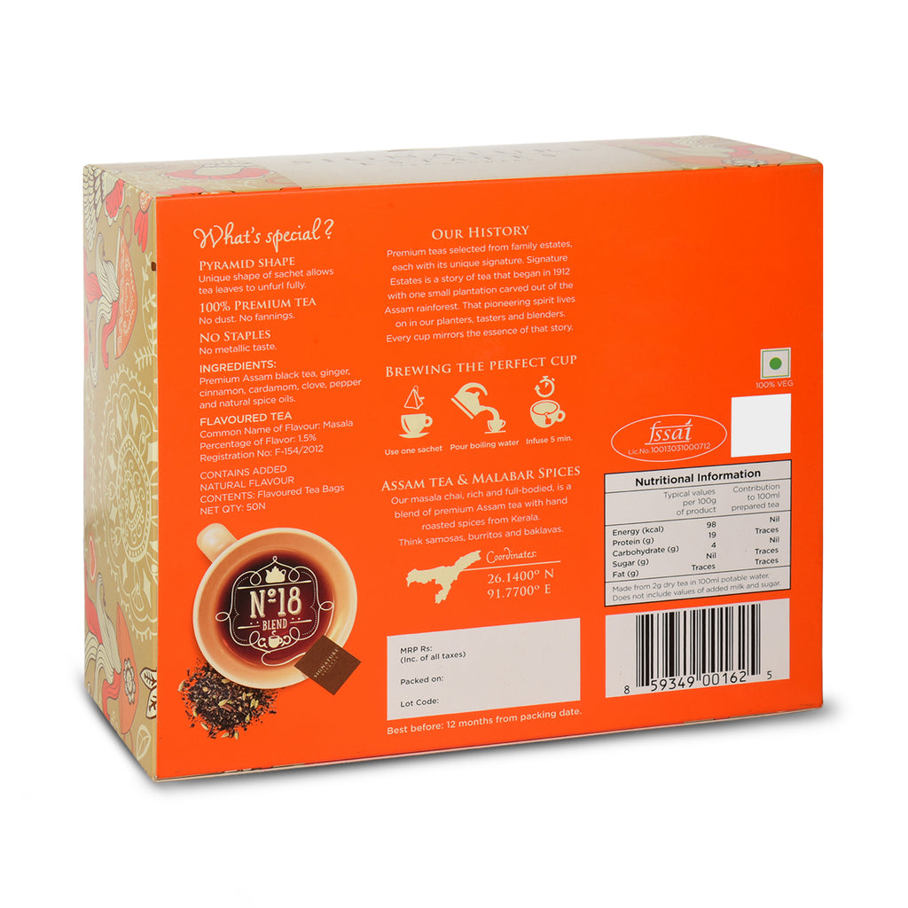 Signature Estates Masala Chai Spiced Tea with Ginger, Cinnamon, Cardamom & Clove – 50 Pyramid Sachets