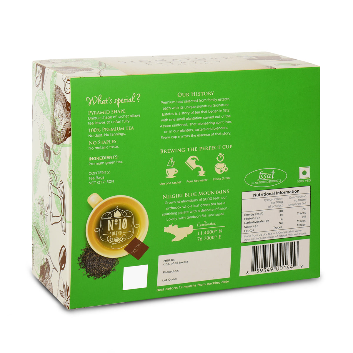 Signature Estates Pure Green Single Origin Nilgiri Tea Bags – 50 Pyramid Sachets